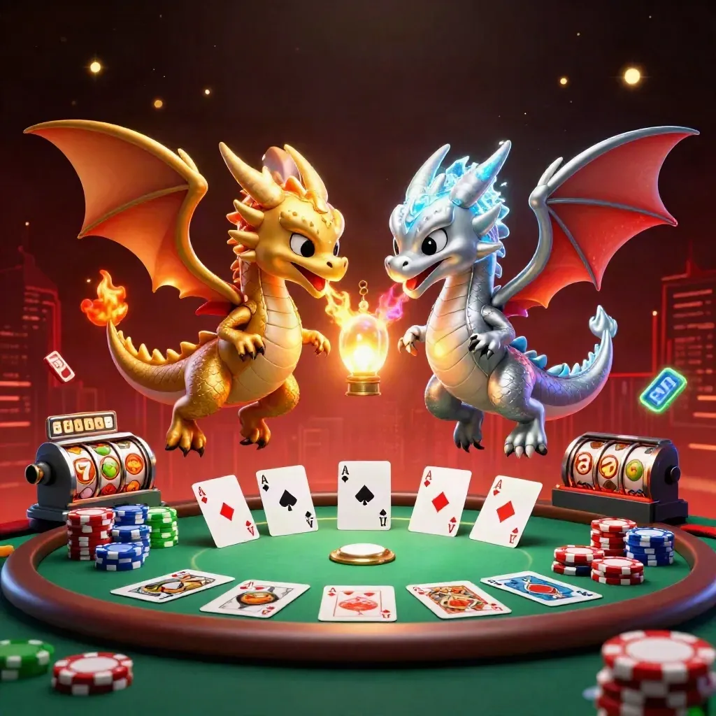 Twin gold and silver dragons twist through casino effects with chips, cards, reels, and a tiny lantern spirit.