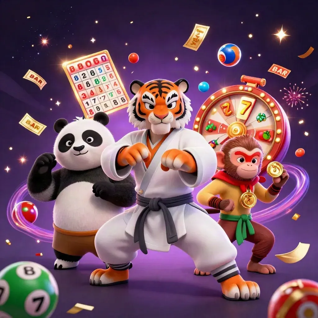 Tiger master, panda disciple, and monkey student amid casino reels, lottery balls, fireworks, and gold confetti.