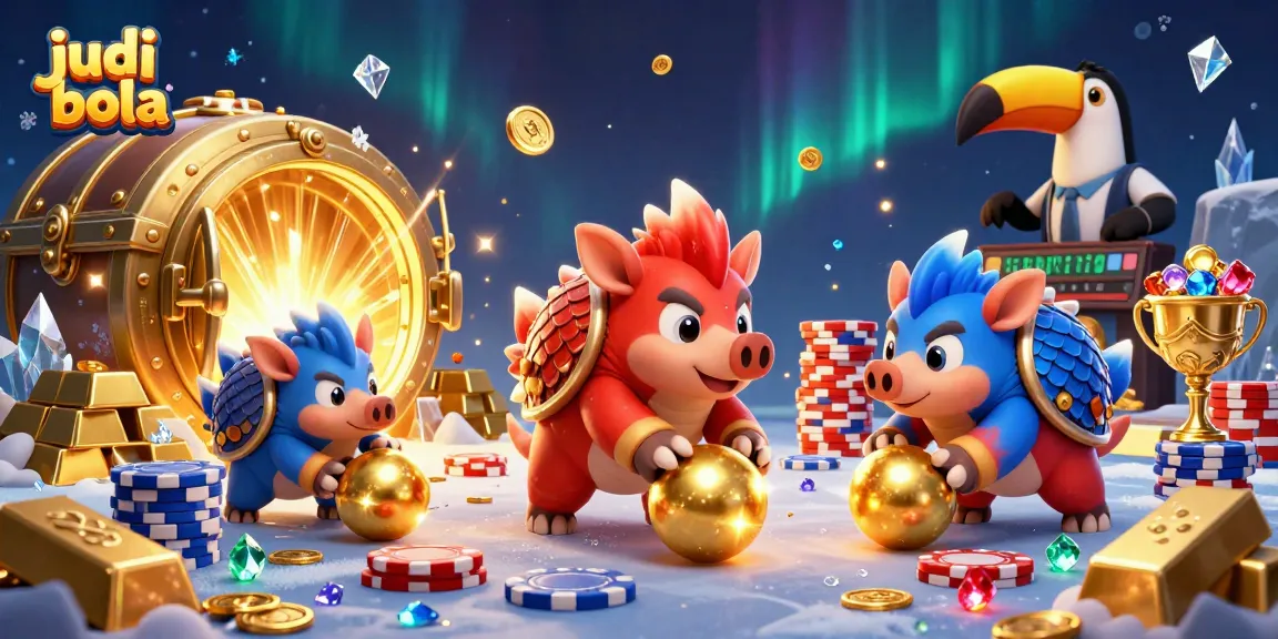 Engage in judi bola excitement with cartoon pangolins competing amidst gold treasures and poker chips.