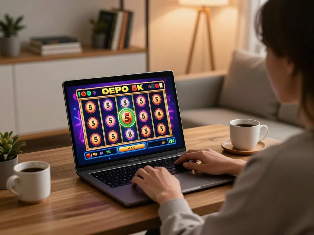 Player enjoying an exciting slot depo 5k game on a laptop in a cozy home environment