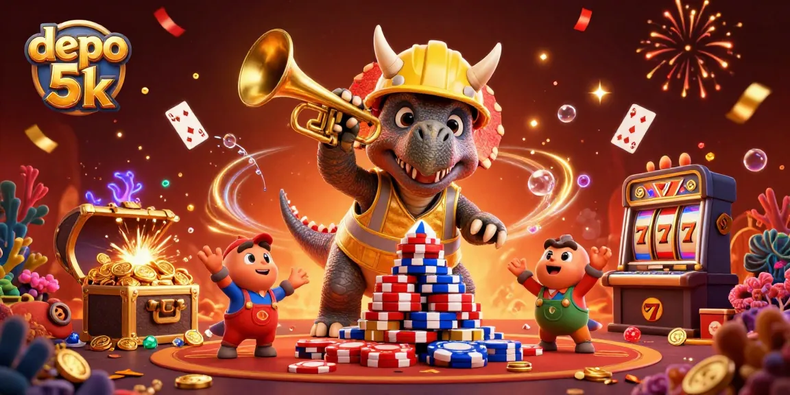 Celebrate winning with the dynamic depo 5k scene featuring poker chips, colorful cards, and jubilant characters.