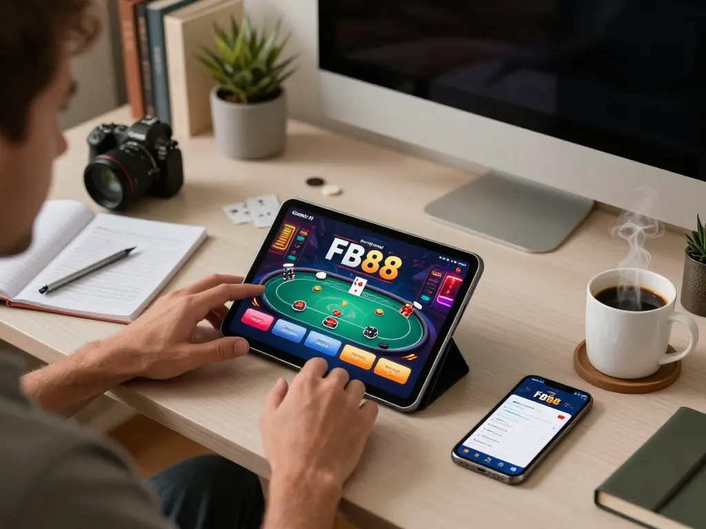 Player engaging in online poker at FB88 with a cozy home atmosphere, featuring tablet and strategy notes.