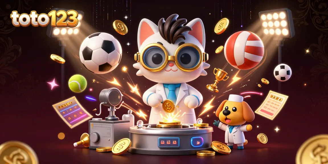 Catch the thrill of toto123 with a dynamic scene of a mad scientist cat and assistant, enriched with sports elements.