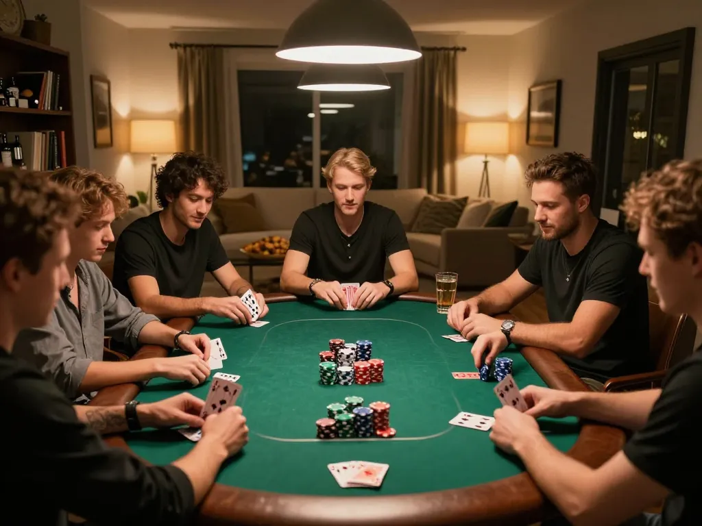 Friends enjoying a spirited poker night at home, showcasing an engaging game scene with vibrant poker chips and cards, relevant to 28bet.