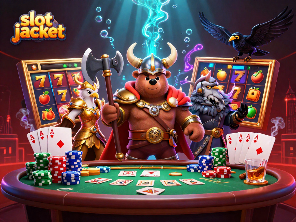 Spin the slot jackpot with Viking beserkers, Valkyries, and poker elements in an exhilarating casino scene.