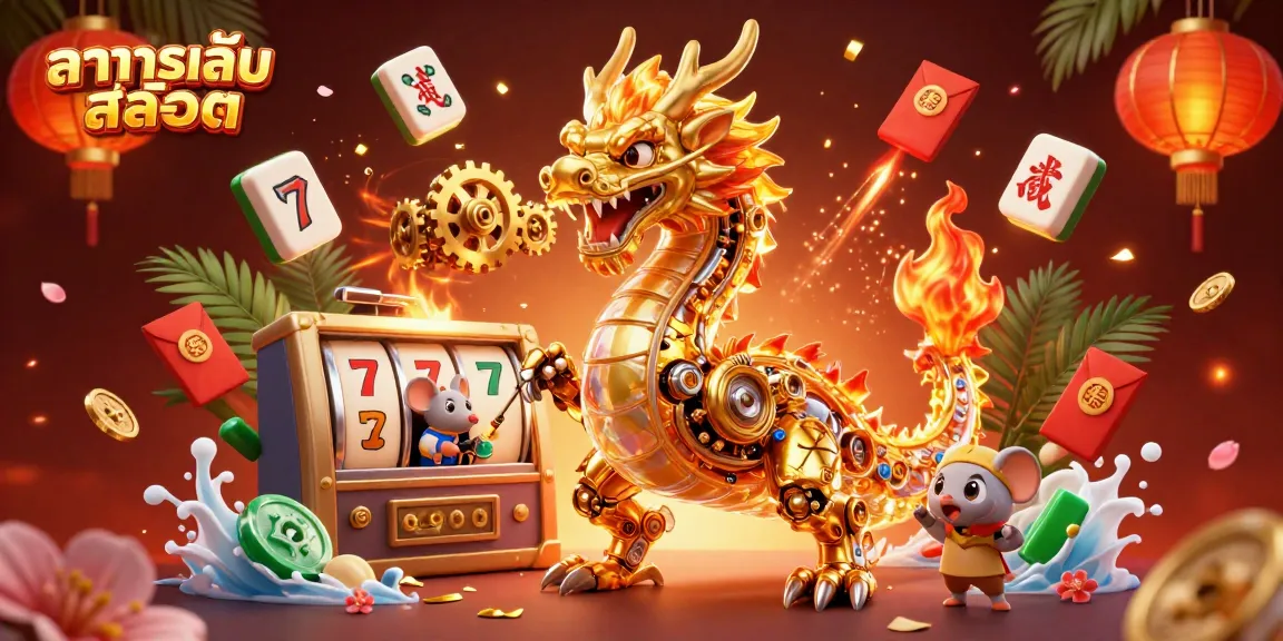 ทดลองเล่นสล็อต กับภาพ 3D ของมังกรทองกลไกและเหรียญโชคดีที่ลอยอยู่