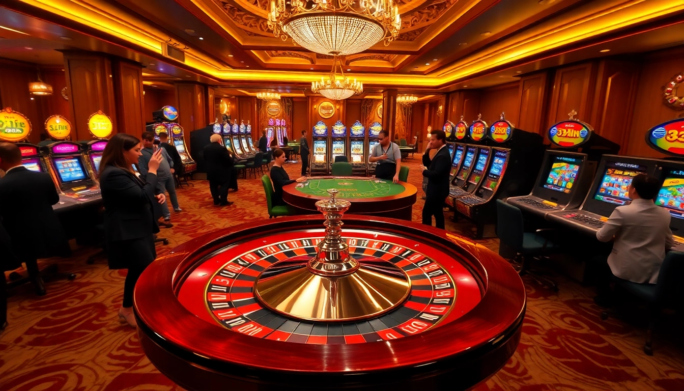 33win Casino excitement with players at roulette and poker tables in a luxurious setting.