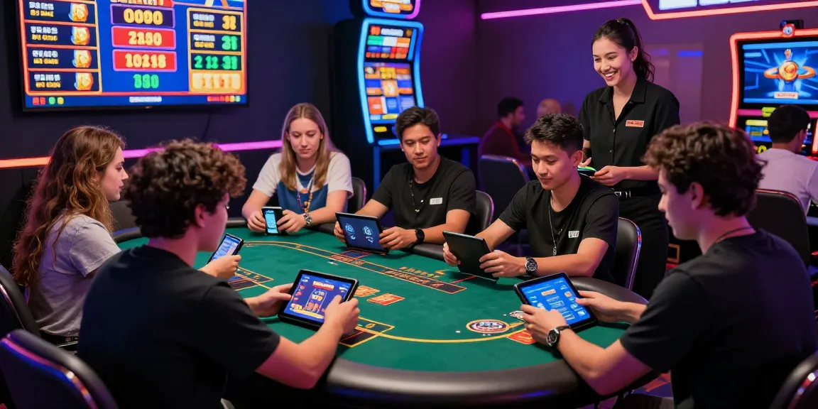 Pengalaman bermain juragan togel dan permainan kasino lainnya di platform online, menampilkan keragaman pemain dan suasana ceria.