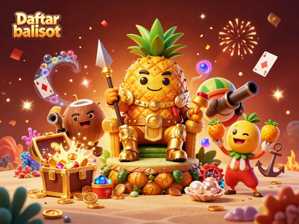 A vibrant scene of the Daftar balisot featuring a golden pineapple king and colleagues amidst celebratory casino elements.