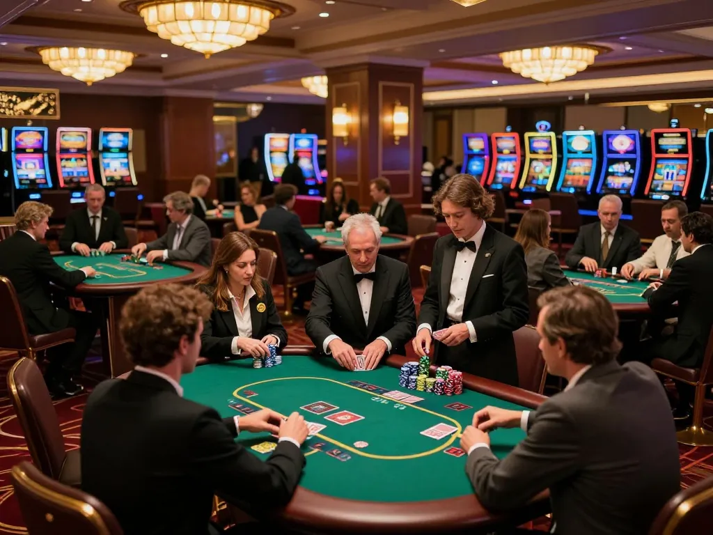 Players at king33 casino table strategizing their poker hands in an upscale atmosphere.