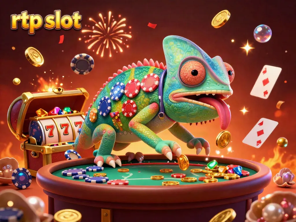 Experience the thrilling rtp slot scene with a colorful chameleon casino owner amidst slot reels and festive elements.