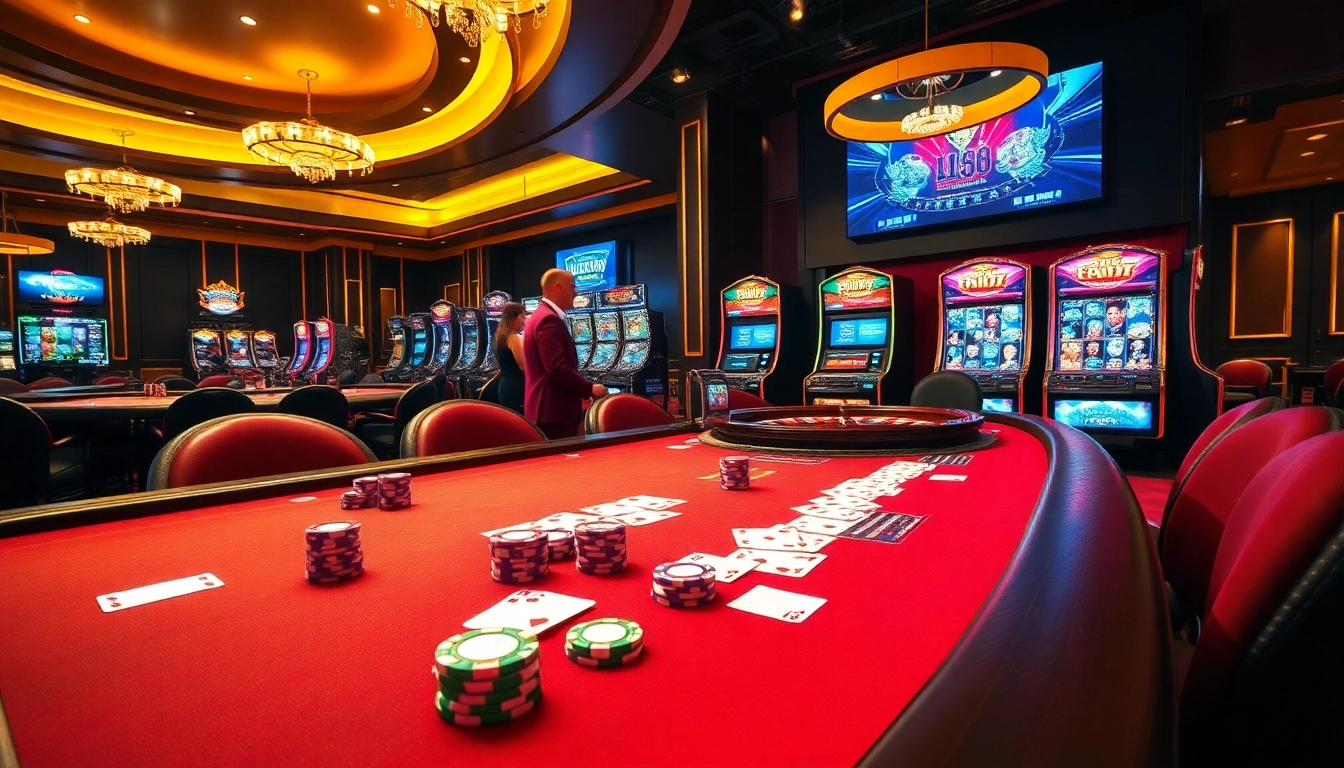 Players enjoying an exciting night at lc88 casino with poker chips and roulette wheel.