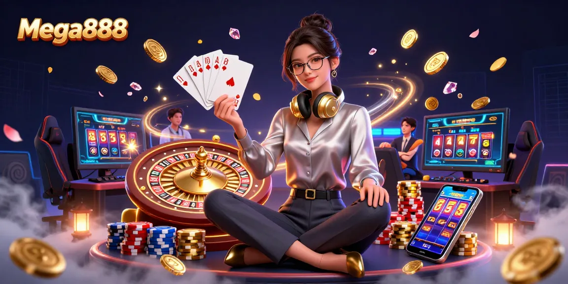 Win big with Mega888 as the elegant Asian woman plays at her high-tech gaming setup amid dazzling casino elements.