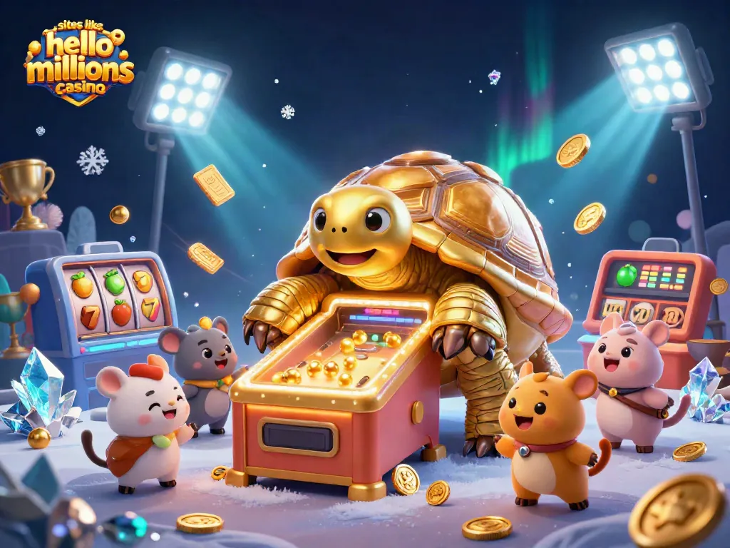 Engage with exciting sites like hello millions casino, featuring a golden tortoise pinball machine and player characters.