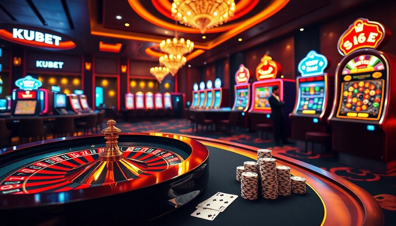 Kubet online casino scene featuring vibrant roulette wheel, poker cards, and slot machines.