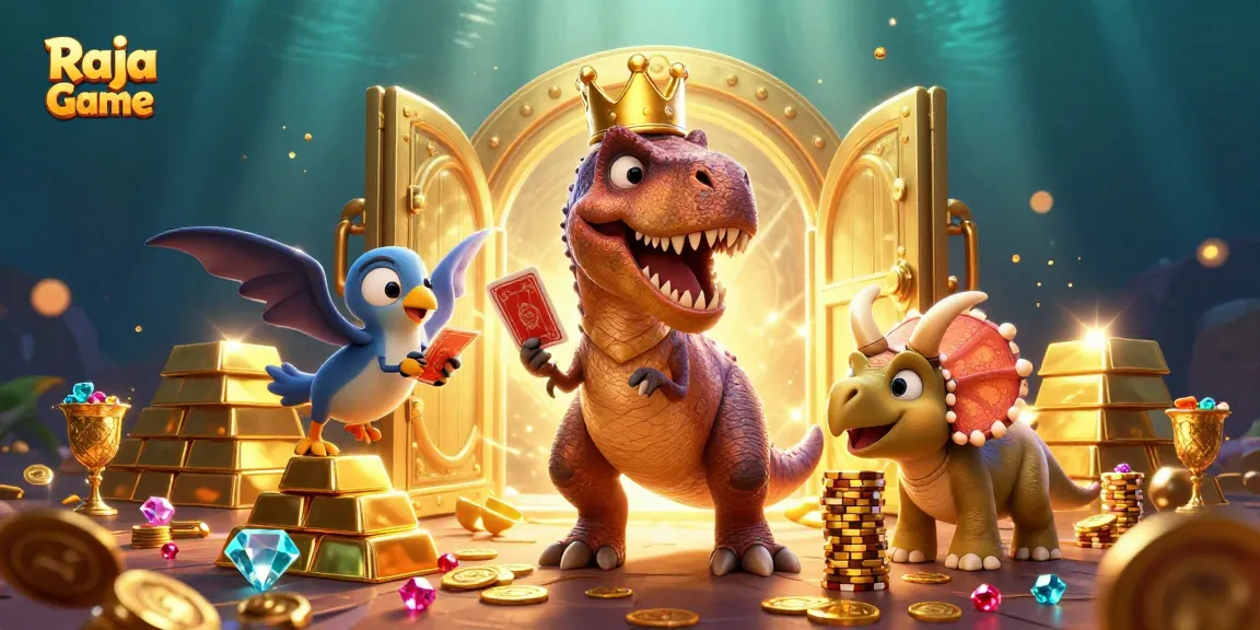 Raja Game features a T-Rex shuffling cards and a pterodactyl assisting in a vibrant casino scene.