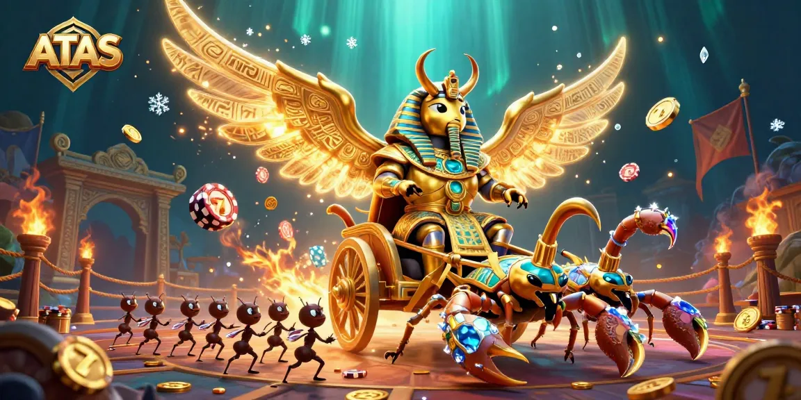 Engage with the ATAS casino experience through a dynamic 3D illustration of a golden scarab and scorpions amidst slot reels and coins.