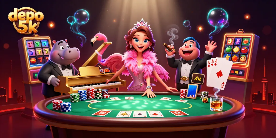 Engage in thrilling gameplay with depo 5k features in a vibrant casino scene filled with slot reels and a lively atmosphere.