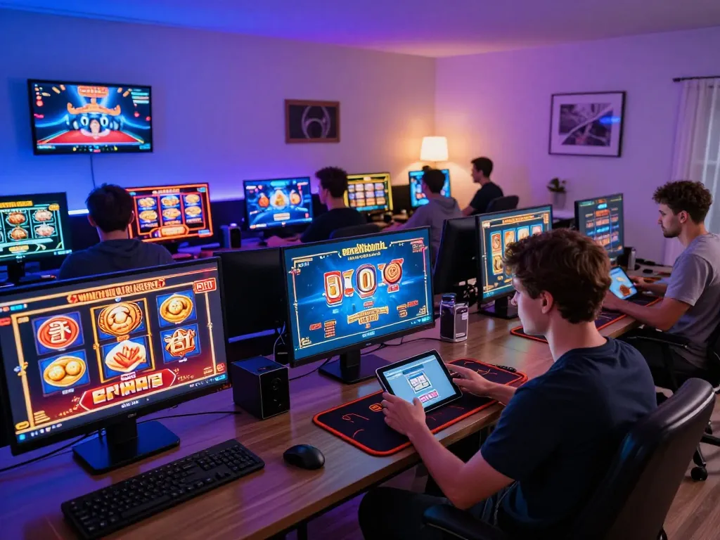 Iwin players immersing in online games, showcasing vibrant casino graphics and strategic focus