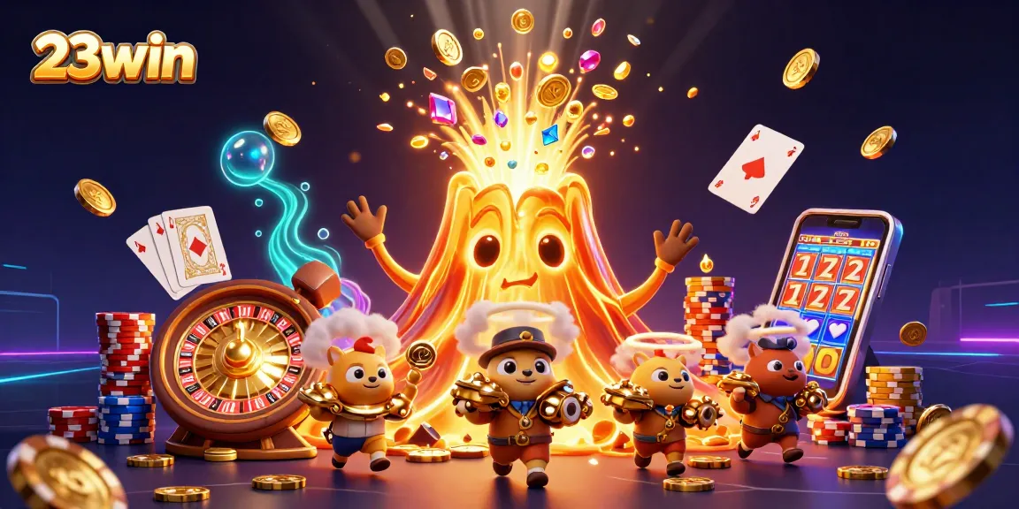 Engage with 23win's vibrant 3D casino world, filled with cascading coins and thrilling games.