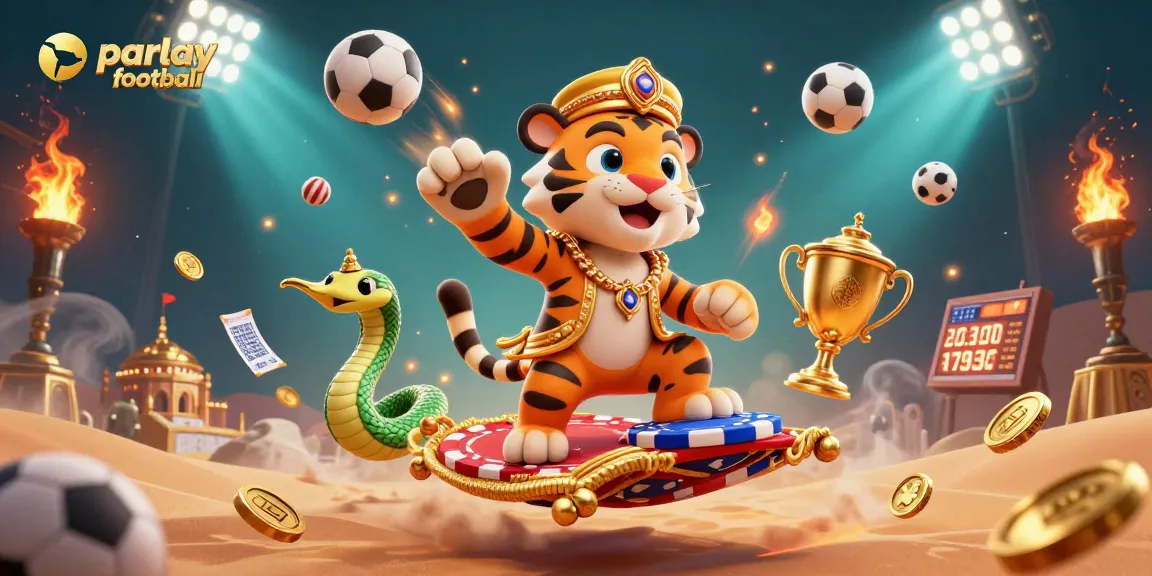 Engage in parlay football with an exciting scene of an Arabian tiger sultan and sports elements.