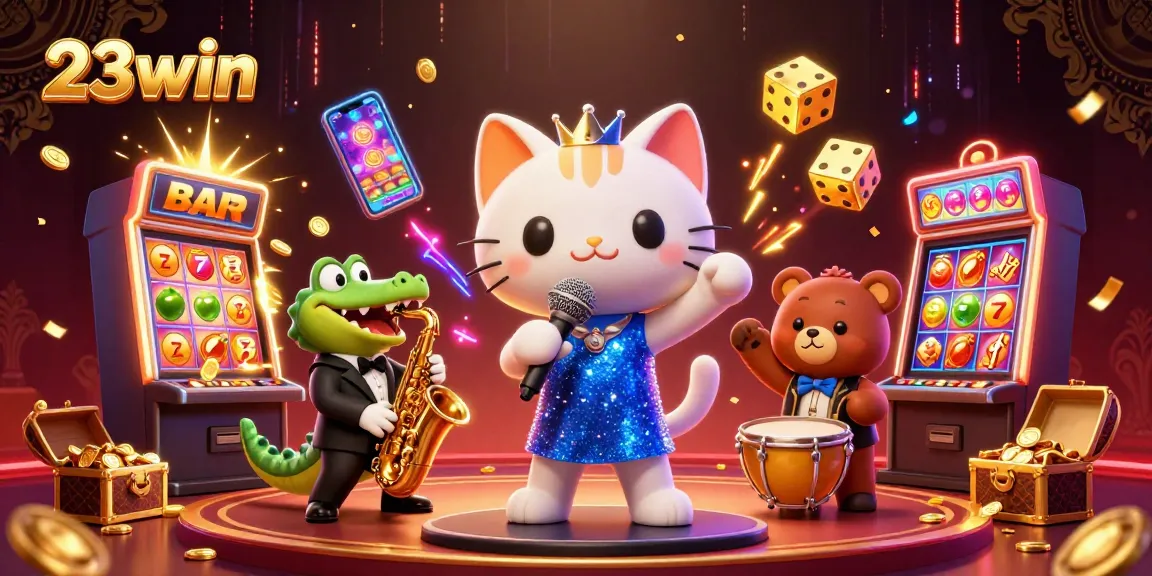 Experience the vibrant thrills at 23win with a lively casino scene showcasing animated characters and exciting game elements.