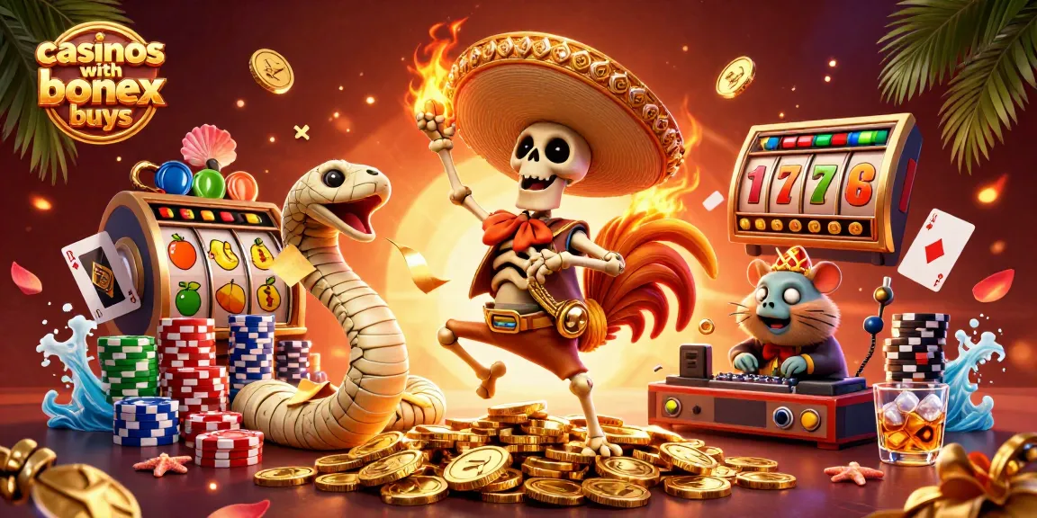 Win big at casinos with bonus buys in this vibrant 3D casino scene with skeletal and animal characters.