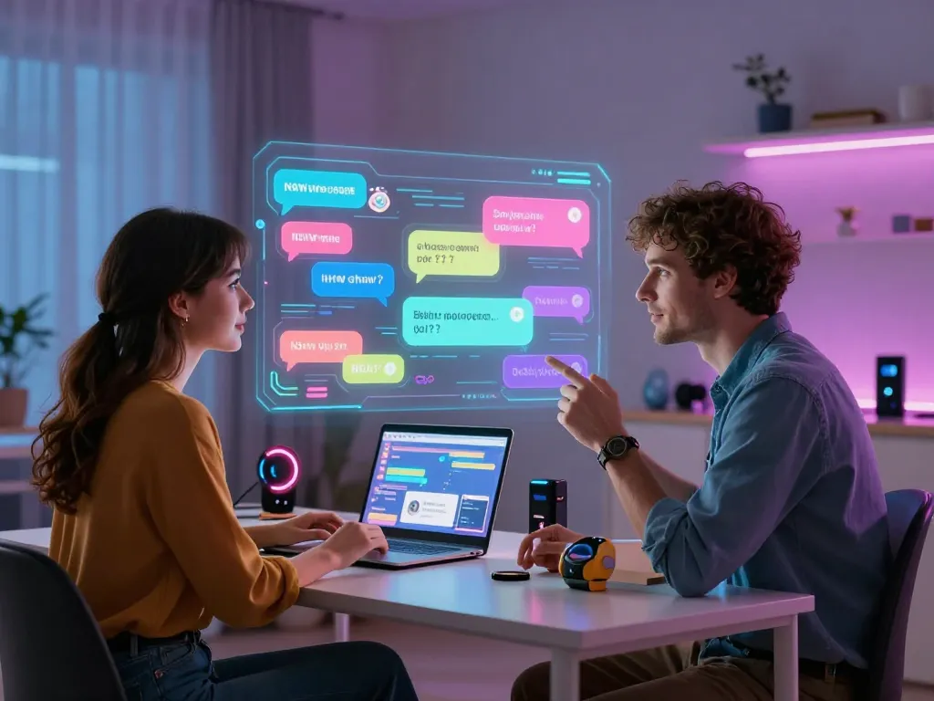 Engaging scene of a couple enjoying a sex chat ai experience with vibrant holographic chat displays in a modern home office.