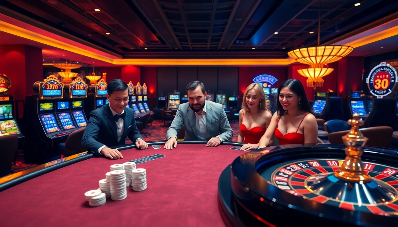 Players enjoying thrilling online games at HOLYSLOTS88, surrounded by vibrant slot machines and poker excitement.