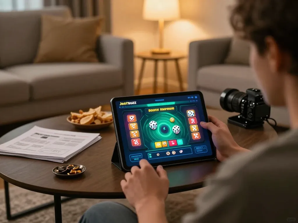 Player exploring Jeetbuzz betting app on tablet in a cozy home setting.