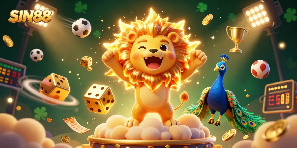 SIN88 sports betting scene featuring a sun lion, golden dice, and dynamic game elements
