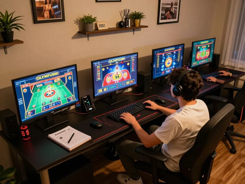 Person playing OLYMPUS88 online slots on multiple screens in a cozy gaming setup.