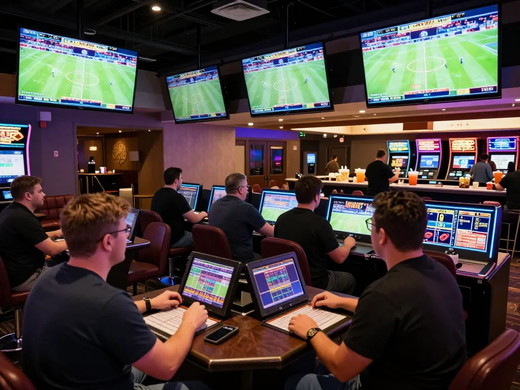 KQBD highlights enthusiastic bettors in a lively sports betting lounge, showcasing immersive excitement and live match displays.