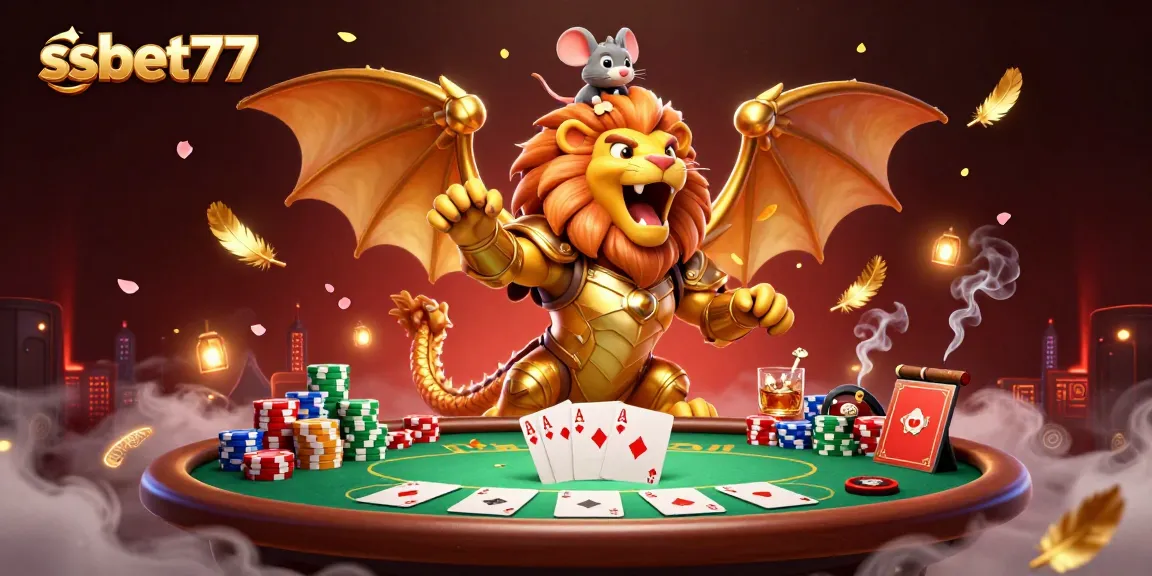 Experience thrilling poker action with ssbet77, featuring a mighty chimera and vibrant casino elements.