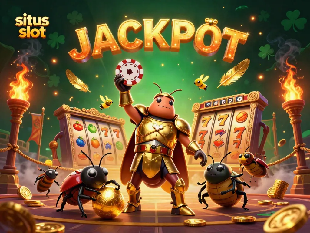 Menggenggam kemenangan situs slot dengan karakter kumbang berarmor emas mengangkat chip poker dan bersorak Jackpot.