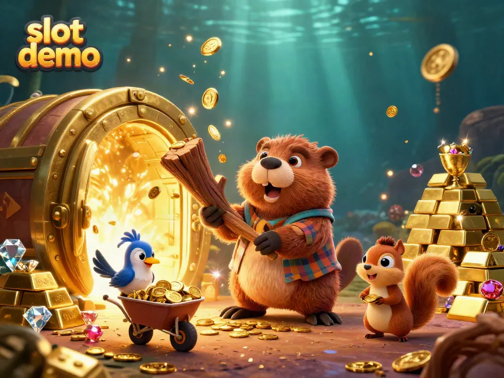 Mainkan slot demo dengan harta karun emas dan karakter mengumpulkan koin dalam ilustrasi 3D menarik.