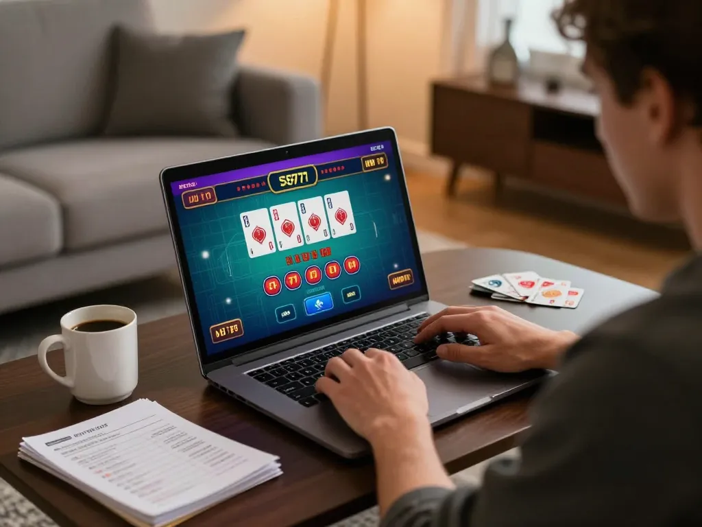 SG777 player engaging in online live casino game in a cozy home environment.
