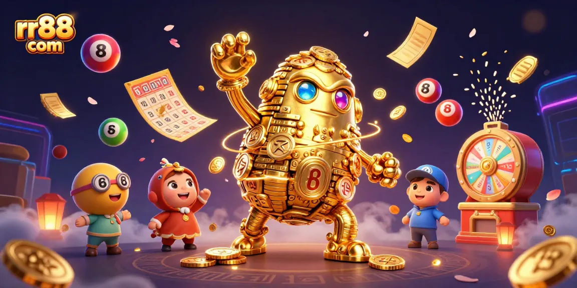 Experience thrilling gameplay at rr88 com with an ultra-detailed 3D casino scene featuring exciting lottery elements.