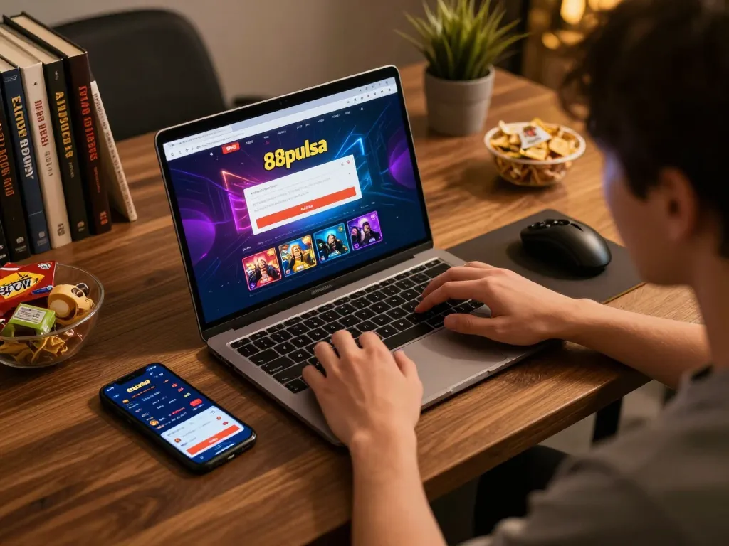 Player using laptop for 88pulsa login at home, engaging in strategic online gambling.
