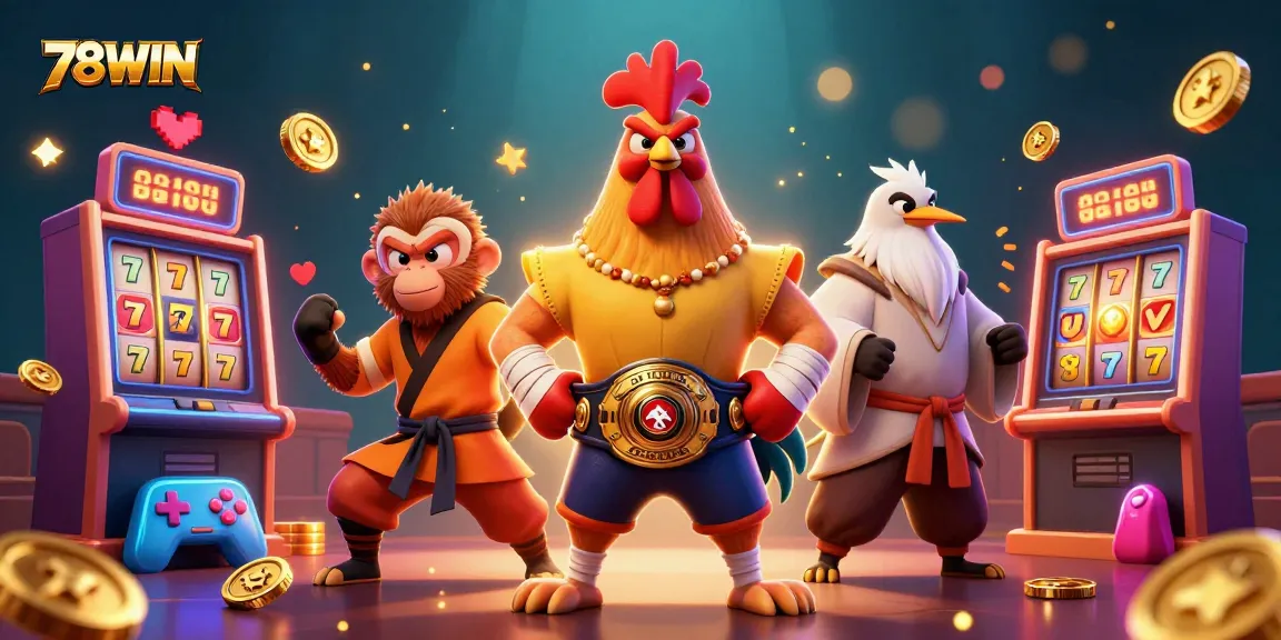 Engage in thrilling 78WIN slot adventures with cartoon chicken, monkey, and crane animated characters.