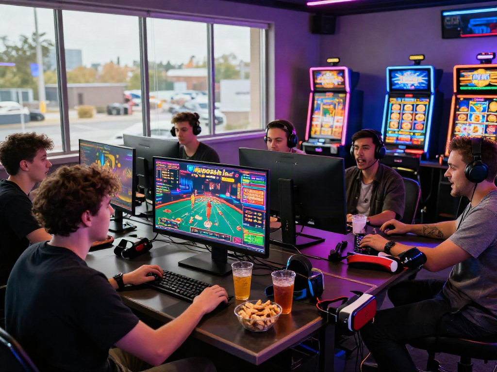 Friends enjoying online gaming on mpocash.net with colorful slot visuals and snacks.