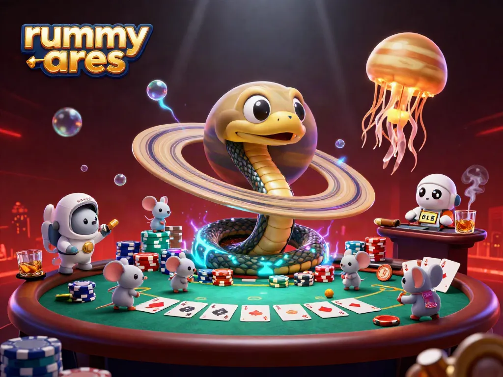 Rummy Ares players engaging in dynamic gameplay with astronaut mice placing bets on a cosmic roulette wheel