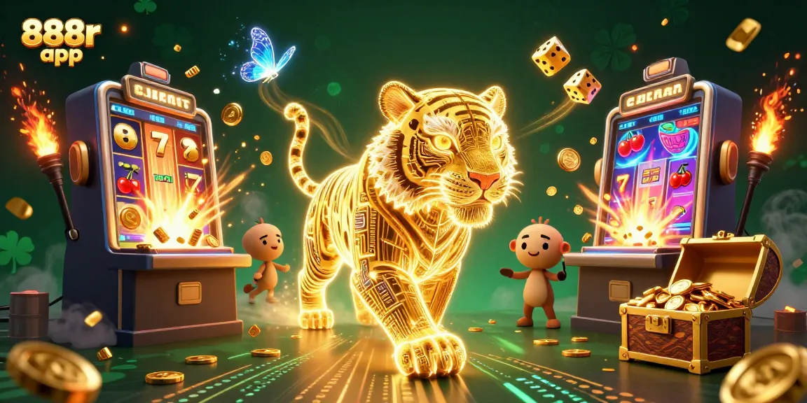 Engage with the vibrant 888r app in a dynamic casino scene featuring golden tiger and slot machine action.