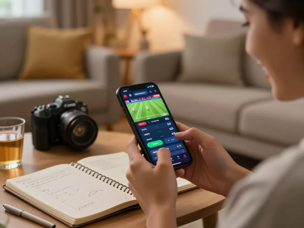 Xem bóng đá trực tuyến using a smartphone for live betting, showcasing vibrant app display and cozy ambiance.