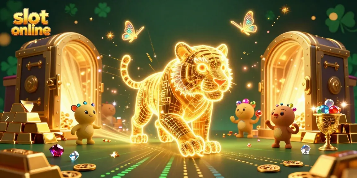Permainan slot online seru ditampilkan dengan harimau emas berenergi digital dan harta karun berkilau.