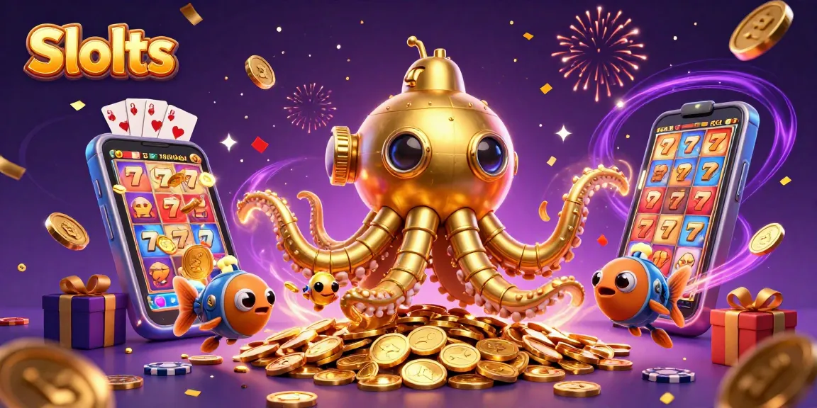 Win exciting prizes with vivid Slots gameplay featuring a lively kraken and golden coins