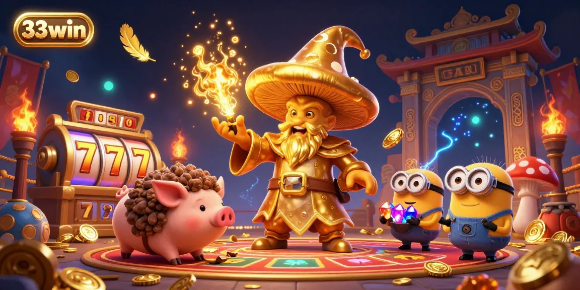 Experience the enchanting world of 33win with a magical 3D illustration featuring a wizard and treasure hunting elements amidst the excitement of online gambling.