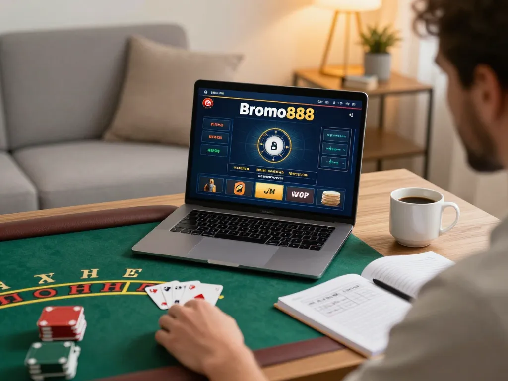 Bromo888 player enjoying live blackjack in a cozy home office environment.