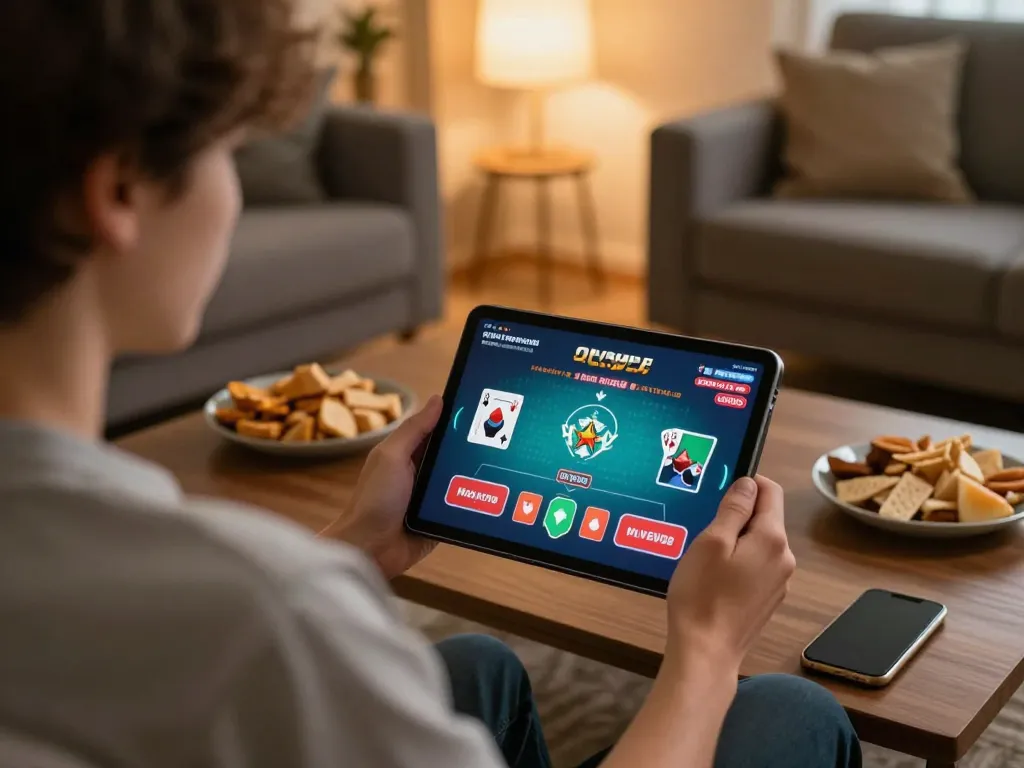 Player enjoying sc88 online casino poker on a tablet at home with cozy ambiance.