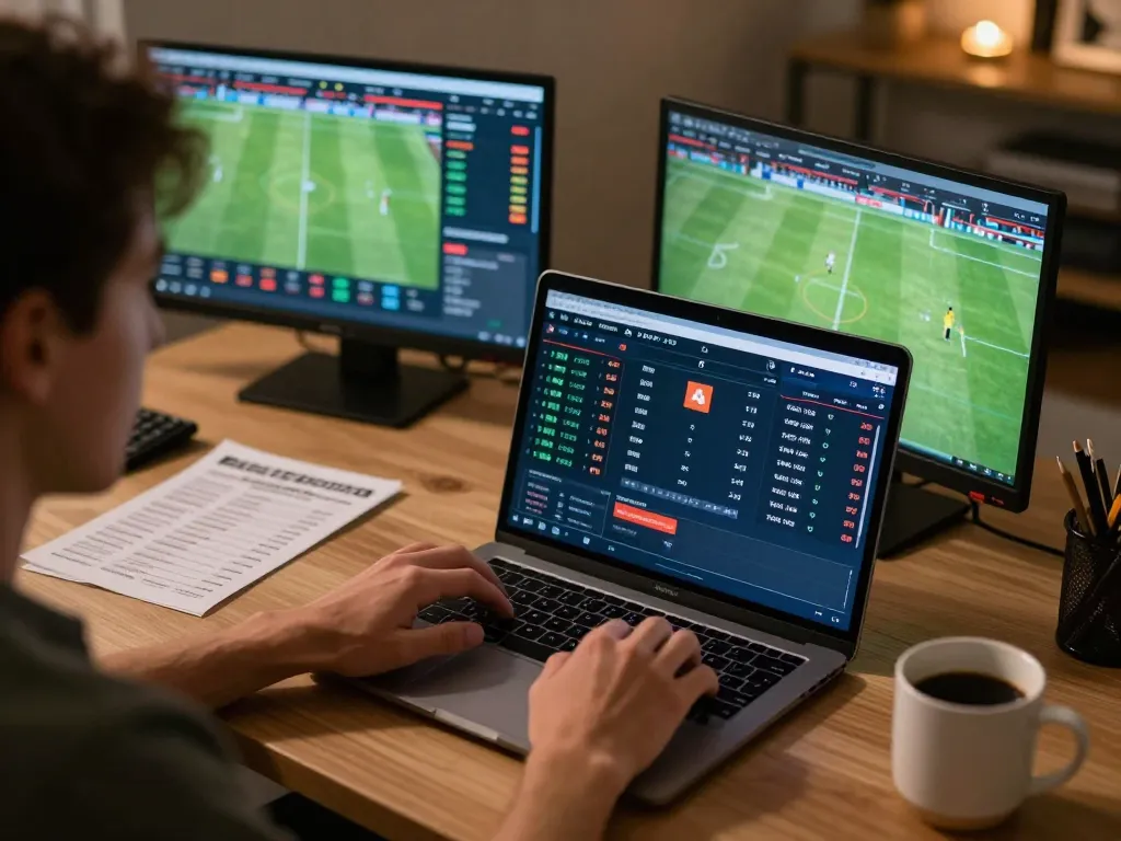Exciting online sports betting at https://goal123.ac/, featuring live odds on dual screens and a focused player.